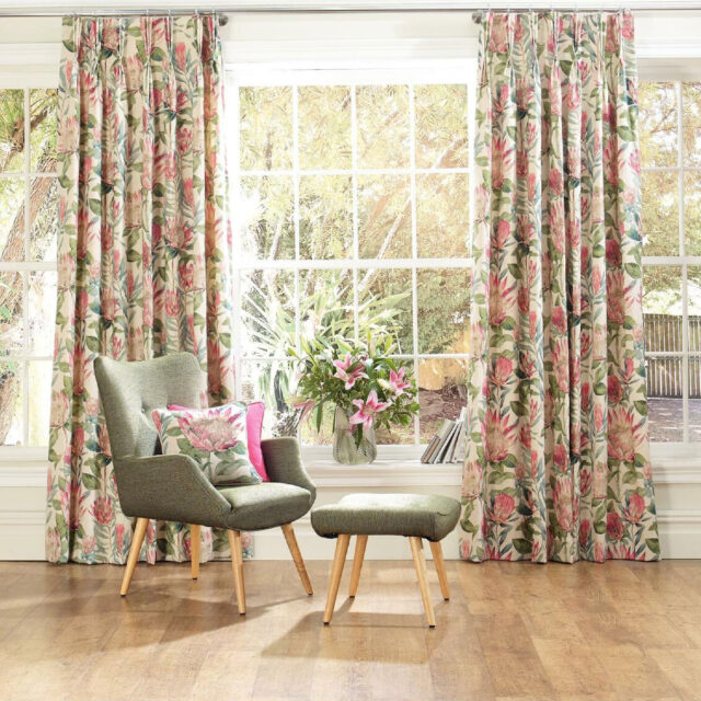 Chair in Perth Herringbone - Nettle, Curtains in King Protea - Rhodera