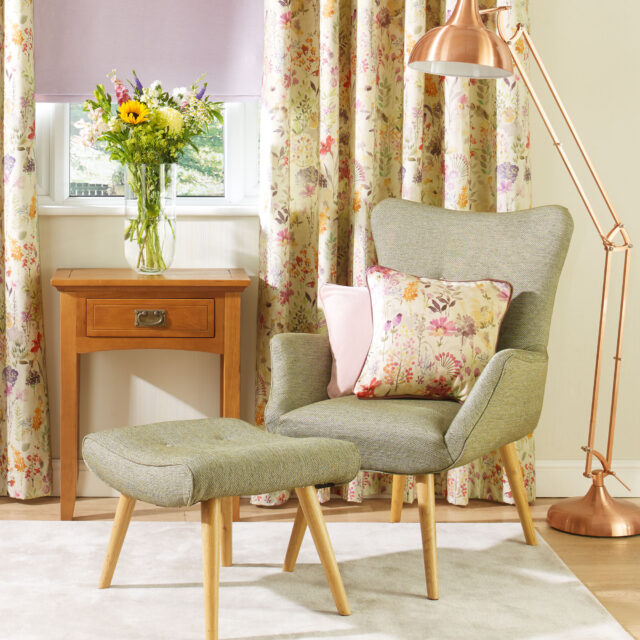 Chair in Perth Herringbone - Nettle, Curtains in Aylesbury - Heather